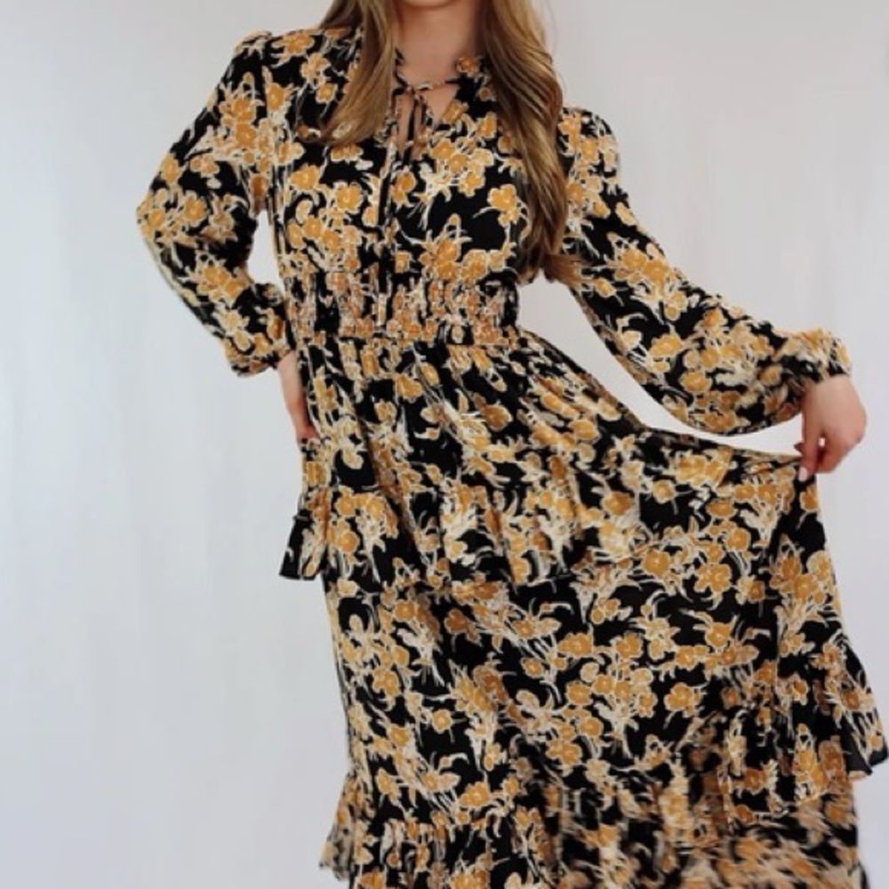 Pinch Black and Gold Floral Long Sleeve Dress